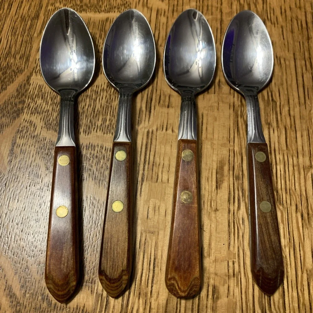 Set of 4 Teaspoons MCM Tableware Set /Wood Handles Stainless Usa‎